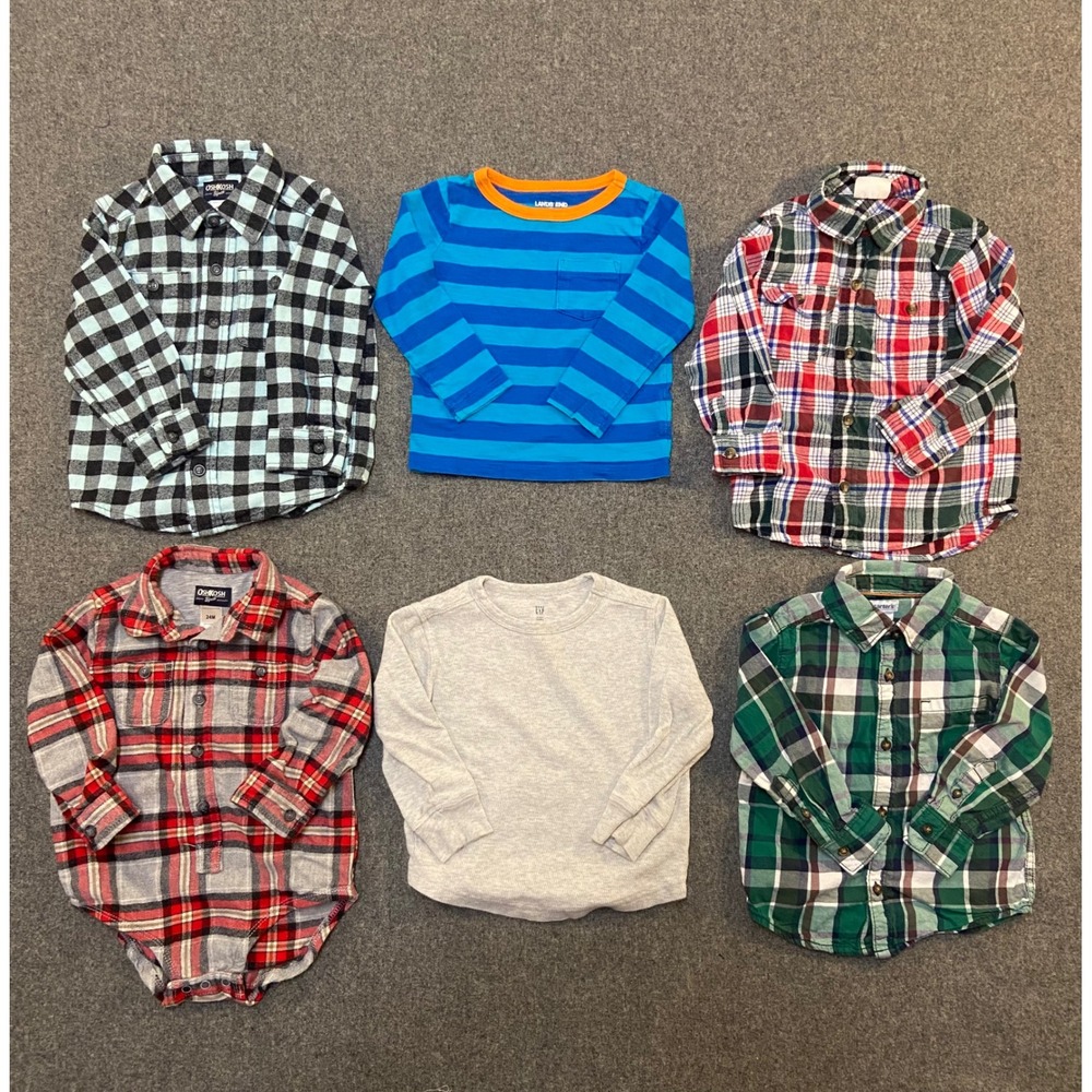 OshKosh Gap Lands End Boys 2T 24M Shirt Bundle 6pc Plaid Flannel Long Sleeve Tee